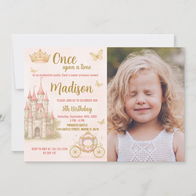 Pink Royal Castle Party Invite with photo (Front)