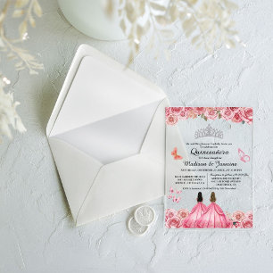 Pink Royal Floral Butterfly Twin Quinceanera Acrylic Invitations
