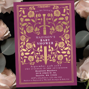 Pink Royal Medieval Gold Sword Girl Baby Shower Invitation