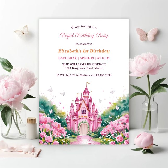 Pink Royal Princess Castle 1st Birthday Party Invitation (Pink Royal Princess Castle 1st Birthday Party Invitation)