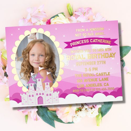 Pink Royal Princess Castle Girl Birthday Foil Invitation