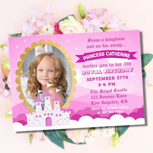 Pink Royal Princess Castle Girl Birthday Invitation
