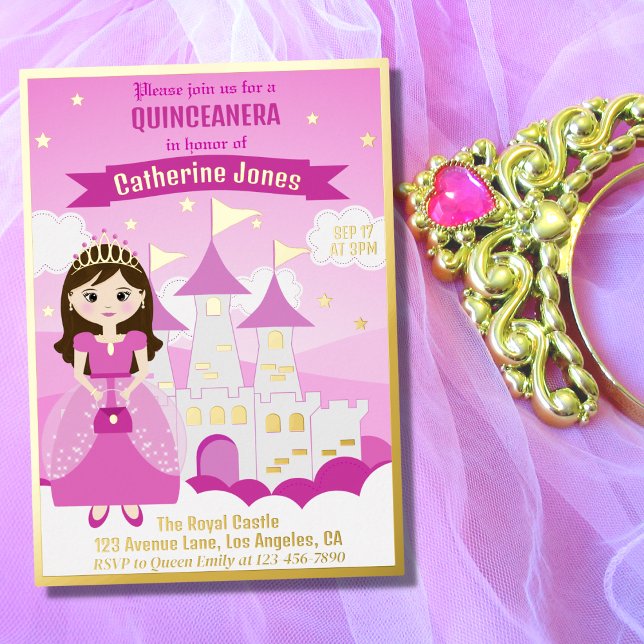 Pink Royal Princess Castle Girl Quinceanera Foil Invitation (Creator Uploaded)