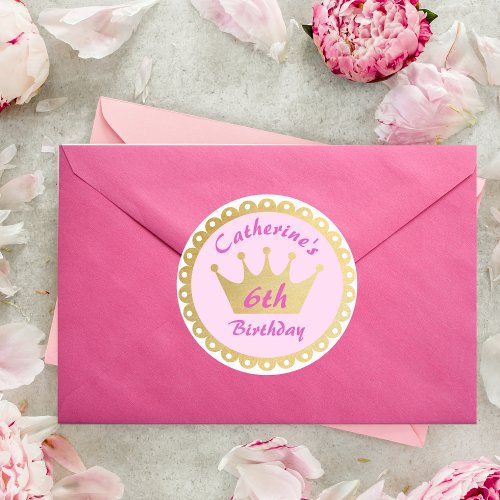 Pink Royal Princess Crown Girl Birthday Classic Round Sticker
