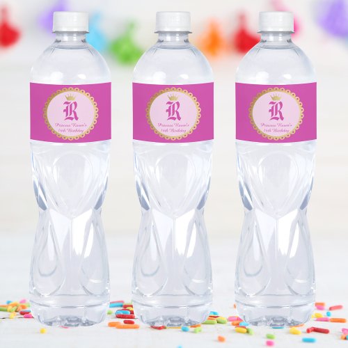 Pink Royal Princess Crown Girl Birthday Water Bottle Label