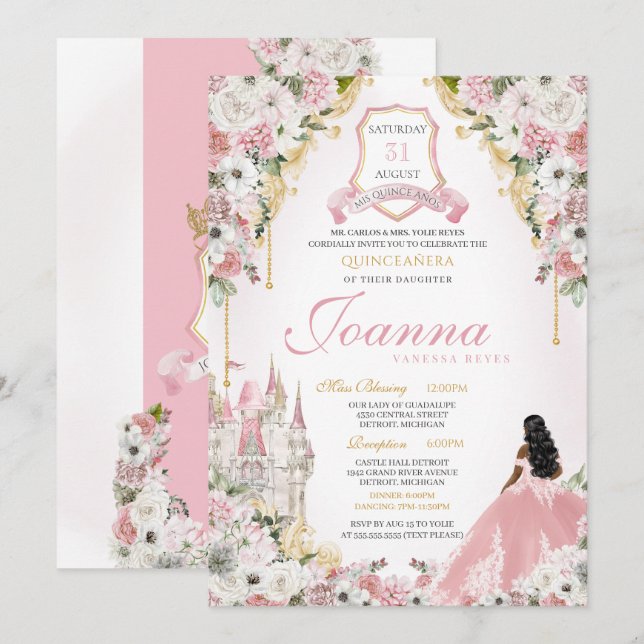 Pink Royal Princess Elegant Castle Quinceanera Invitation (Front/Back)