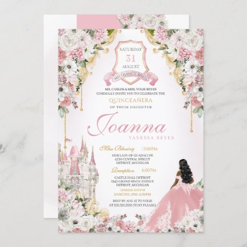 Pink Royal Princess Elegant Castle Quinceanera Invitation