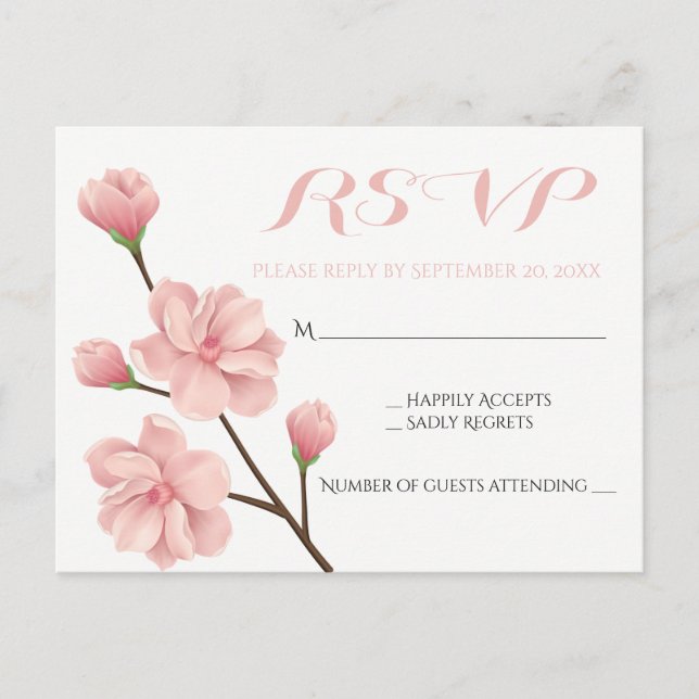PINK RSVP FLORAL CHERRY BLOSSOMS WEDDING FLOWERS INVITATION POSTCARD (Front)
