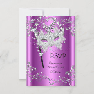 Pink RSVP Quinceanera 15th Party Masquerade Card