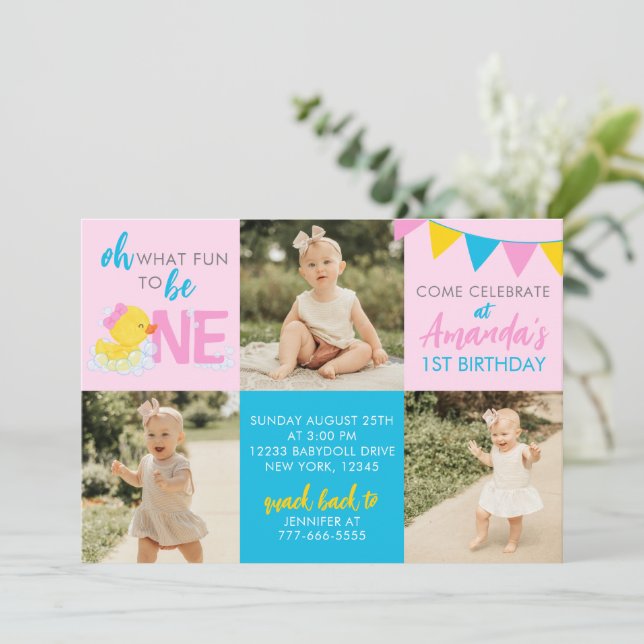 Pink Rubber Duck 3 Photo Birthday Invitation (Standing Front)