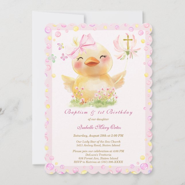 Pink Rubber Duck Baptism and Birthday Invitation (Front)