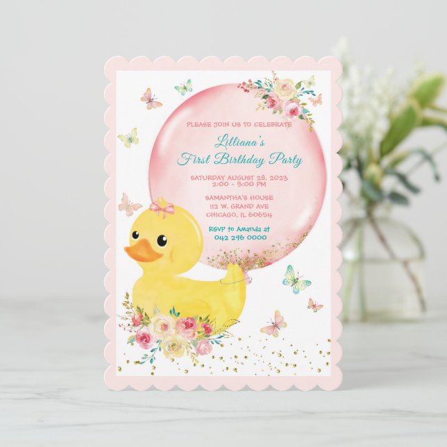 Pink RUBBER DUCK GIRL First Birthday Invitation (Standing Front)