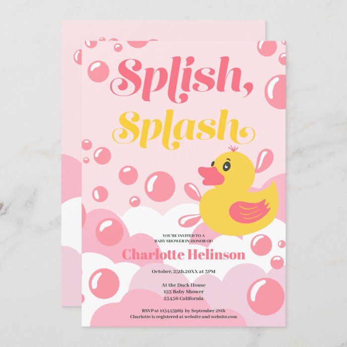 Pink rubber duck splish splash bubbles baby shower invitation