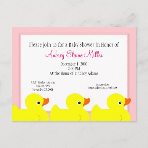 Pink Rubber Ducky Shower Invitation