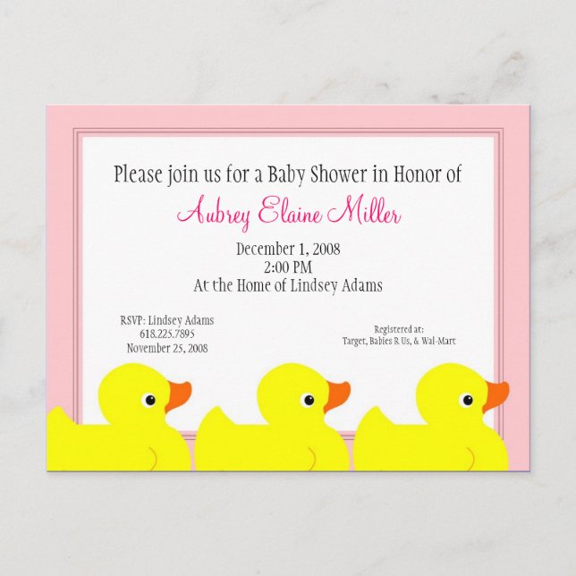 Pink Rubber Ducky Shower Invitation (Front)