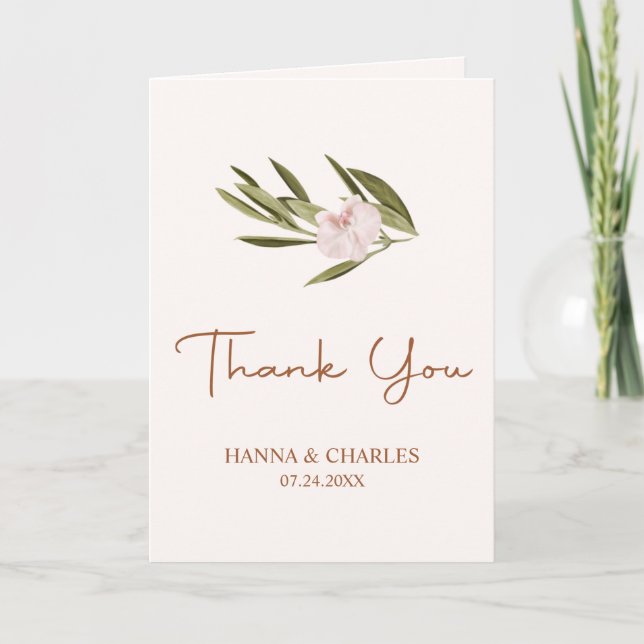 Pink Ruby Greenery Orchid Eucalyptus Wedding Letterpress Thank You Card (Front)