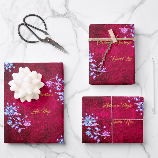 Pink & Ruby Merry Christmas Holiday Blessings Wrapping Paper Sheets (Front)