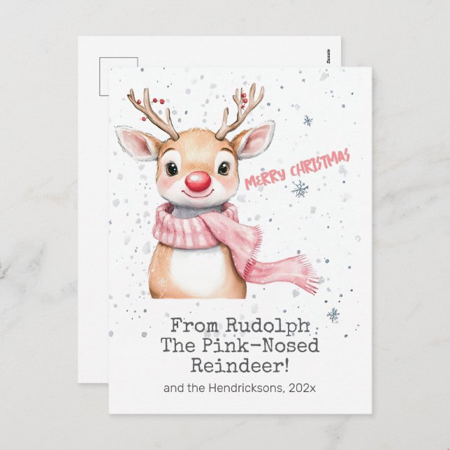 Pink Rudolph Reindeer Christmas Postcard (Front/Back)
