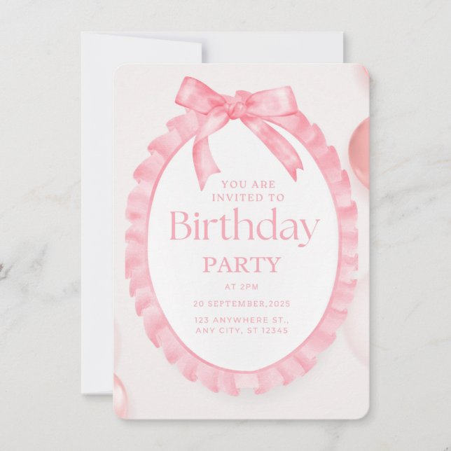 Pink Ruffle Bow Birthday Invitation  (Front)