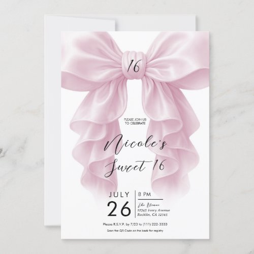 Pink Ruffle Cascade Bow Elegant Sweet 16 Party Invitation