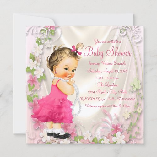 Pink Ruffle Dress and Pearls Girl Baby Shower Invitation