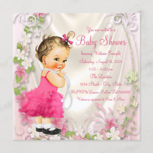 Pink Ruffle Dress and Pearls Girl Baby Shower Invitation