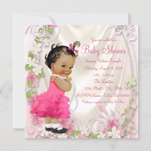 Pink Ruffle Dress Pearls Ethnic Girl Baby Shower Invitation