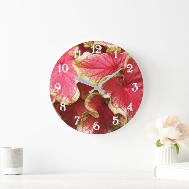 Pink Ruffled Caladium Leaves Floral Large Clock (Home)