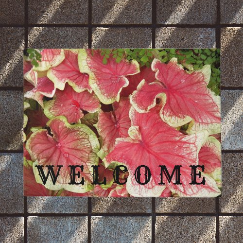 Pink Ruffled Caladium Leaves Floral Welcome Doormat