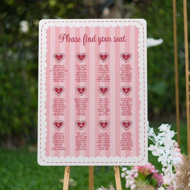 Pink Ruffled Heart Wedding 12 Table Seating Chart Foam Board (Creator Uploaded)