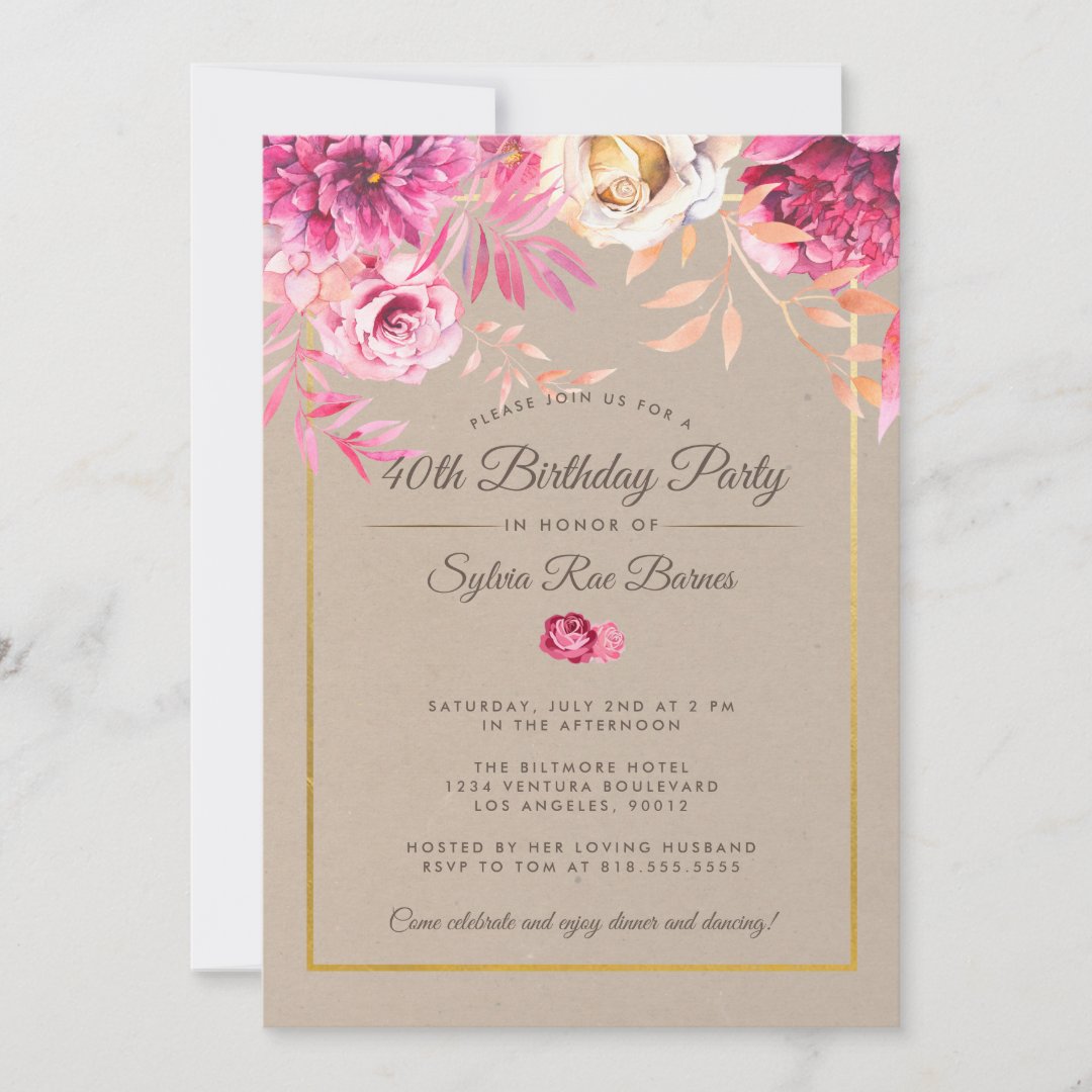 Pink Rustic 40th Birthday Party Invitation | Zazzle