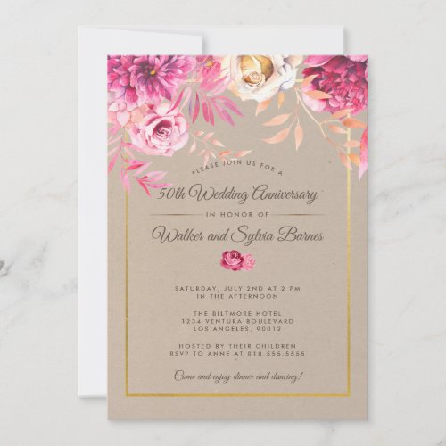 Pink Rustic 50th Wedding Anniversary Invitation