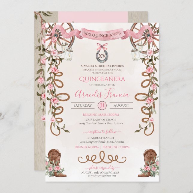 Pink Rustic Boho Western Charra Quinceanera  Invitation (Front/Back)
