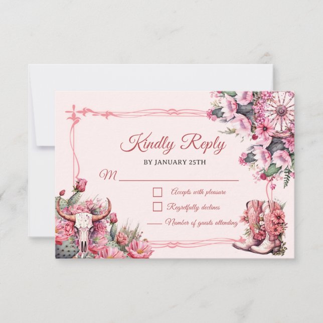 Pink Rustic Boho Western Charra Theme Quinceanera  RSVP Card (Front)
