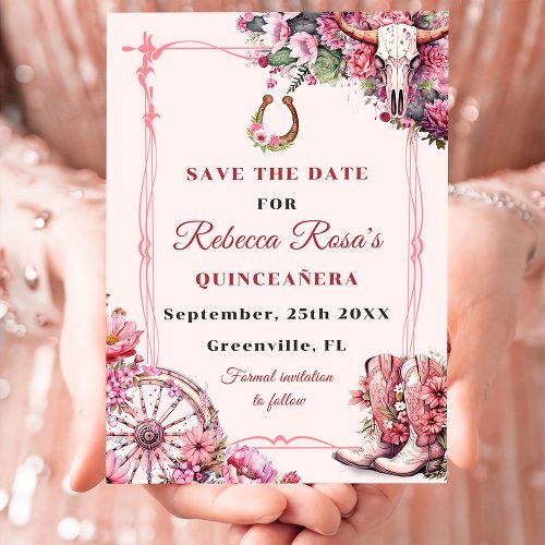 Pink Rustic Boho Western Charra Theme Quinceanera Save The Date