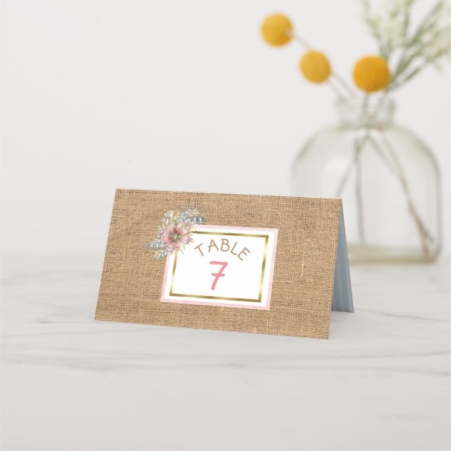 PInk Rustic Burlap Floral Wedding Table Number Place Card (Front)