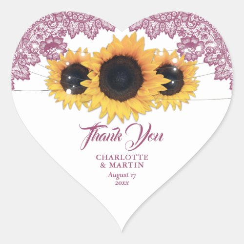 Pink Rustic Chic Lace Sunflower Wedding Heart Sticker