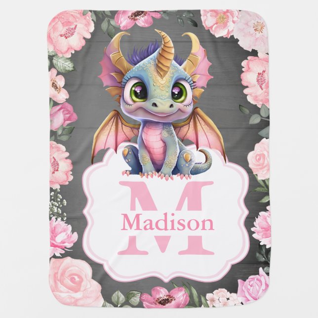 Pink Rustic Dragon Baby Blanket with Roses (Front)