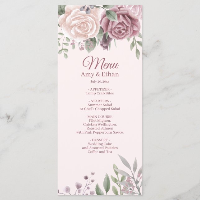  Pink Rustic Dusty Rose Watercolor Flowers Wedding Menu (Front)