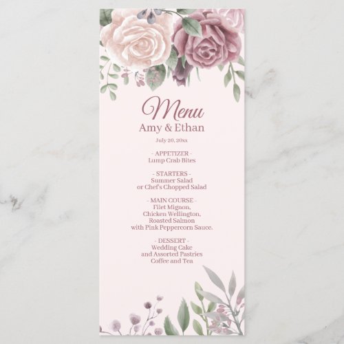  Pink Rustic Dusty Rose Watercolor Flowers Wedding Menu