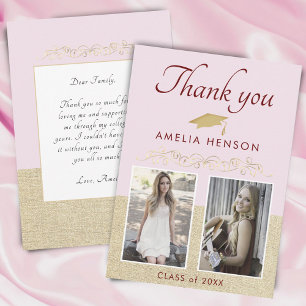 Pink Rustic Elegant Ornament 2 Photo Graduation Thank You Card