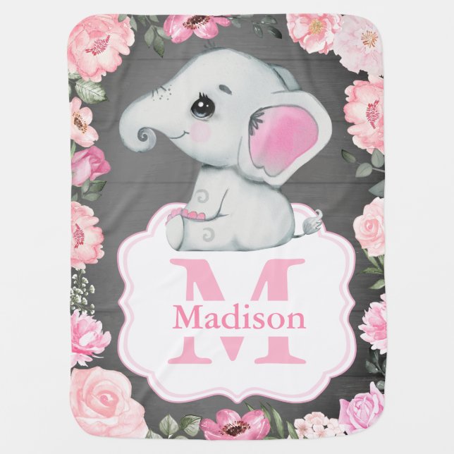 Pink Rustic Elephant Baby Blanket with Roses (Front)
