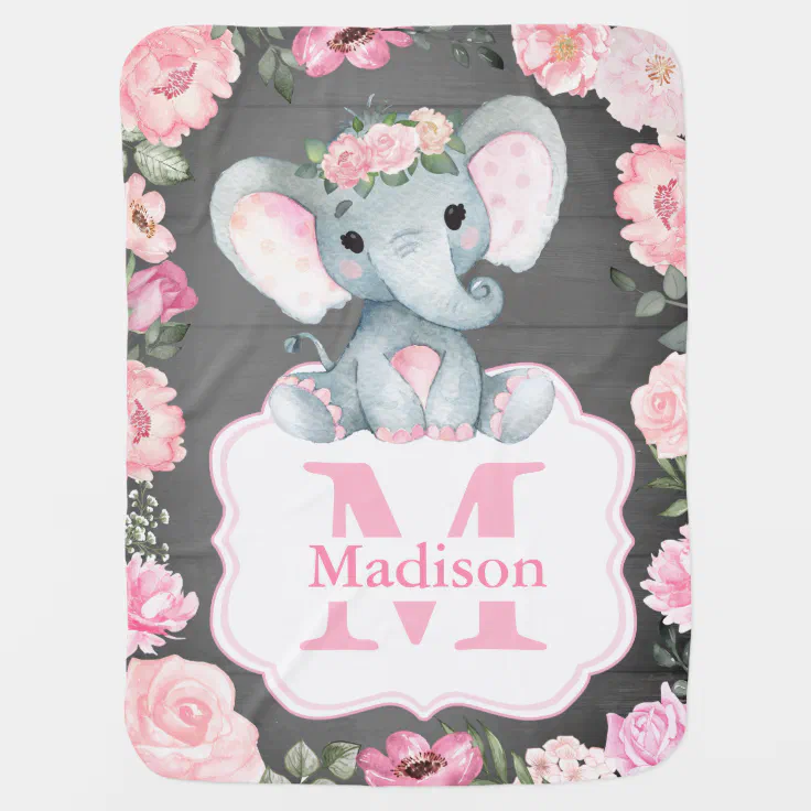 Pink Rustic Elephant Baby Blanket with Roses | Zazzle