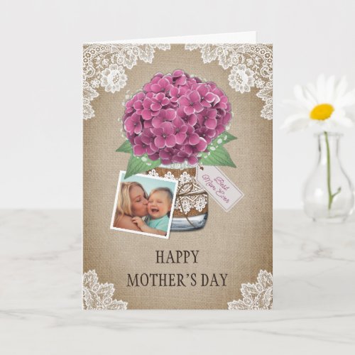 Pink Rustic Floral Photo Happy Mothers Day Card