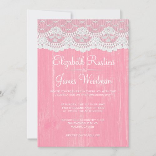 Pink Rustic Lace &amp; Barn Wood Wedding Invitations