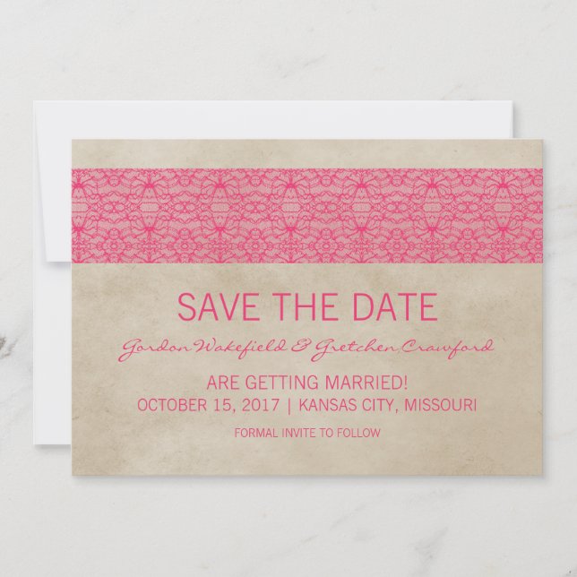 Pink Rustic Lace Save the Date Invite (Front)
