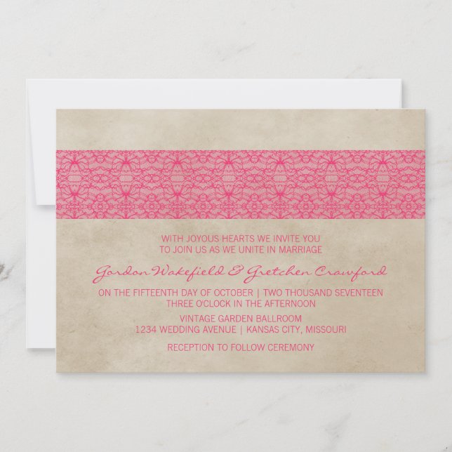 Pink Rustic Lace Wedding Invite (Front)
