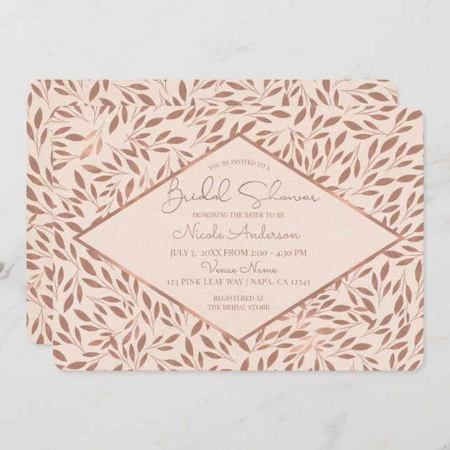 Pink Rustic Leaves Botanical Glam Bridal Shower Invitation (Front/Back)