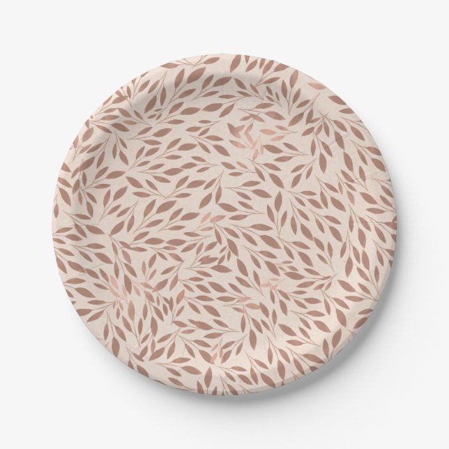 Pink Rustic Leaves Botanical Glam Bridal Shower Paper Plates (Front)