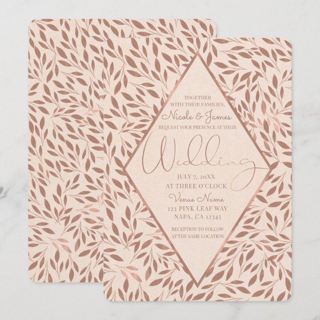 Pink Rustic Leaves Botanical Glam Wedding Invitation (Front/Back)